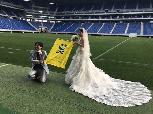 吹田スタジアム　結婚式　ガンバ大阪　サッカー　テーマウェディング　コンセプトウェディング　FAIR PLAY　フェアプレイ　ペーパーアイテム　チュール　靴紐　結婚証明書　市立吹田スタジアム　宇佐美選手