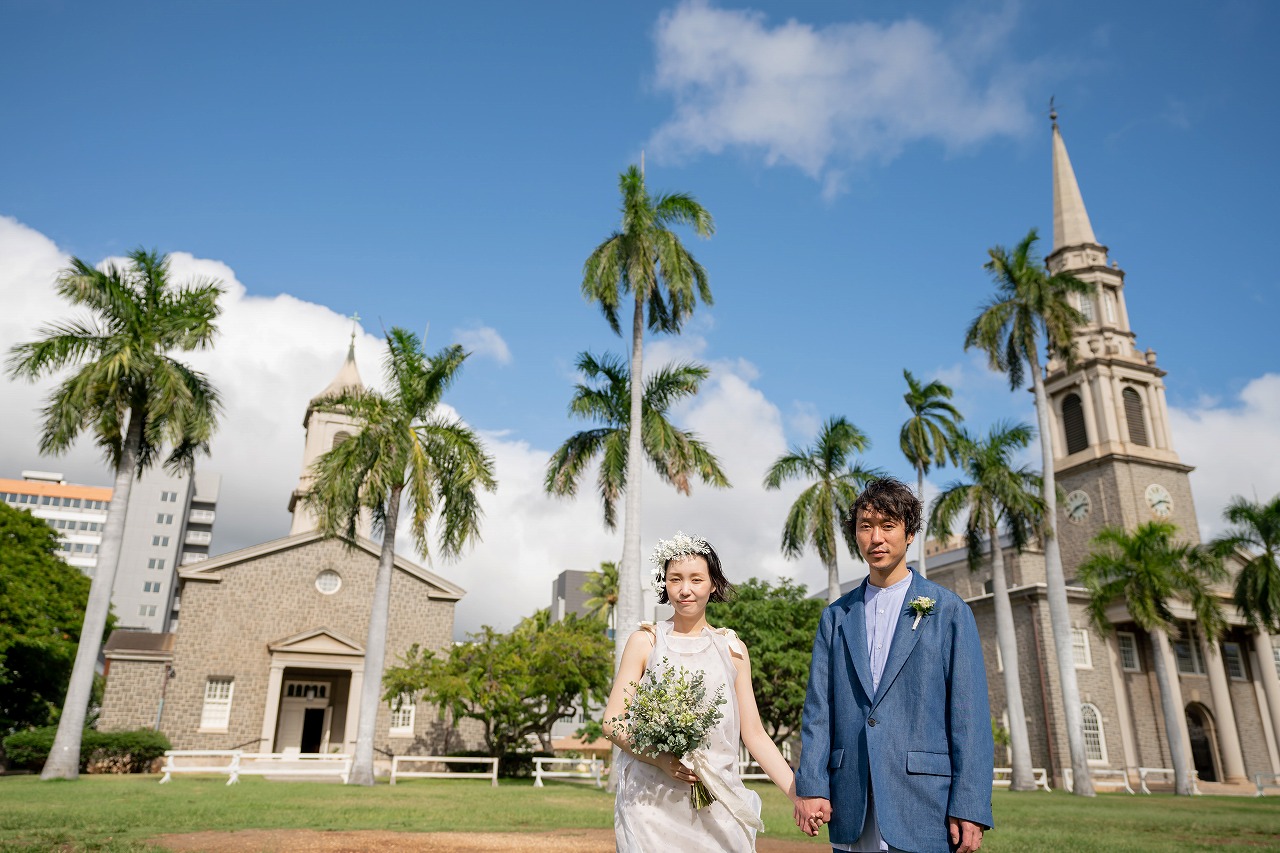 ハワイ　結婚式　ガーデン　セントラルユニオン中聖堂　ハワイ挙式　ハワイ結婚式　ウェディングフォト