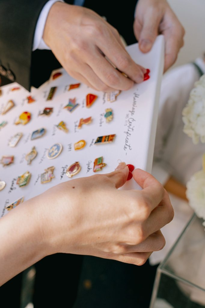 結婚証明書にピンを付ける