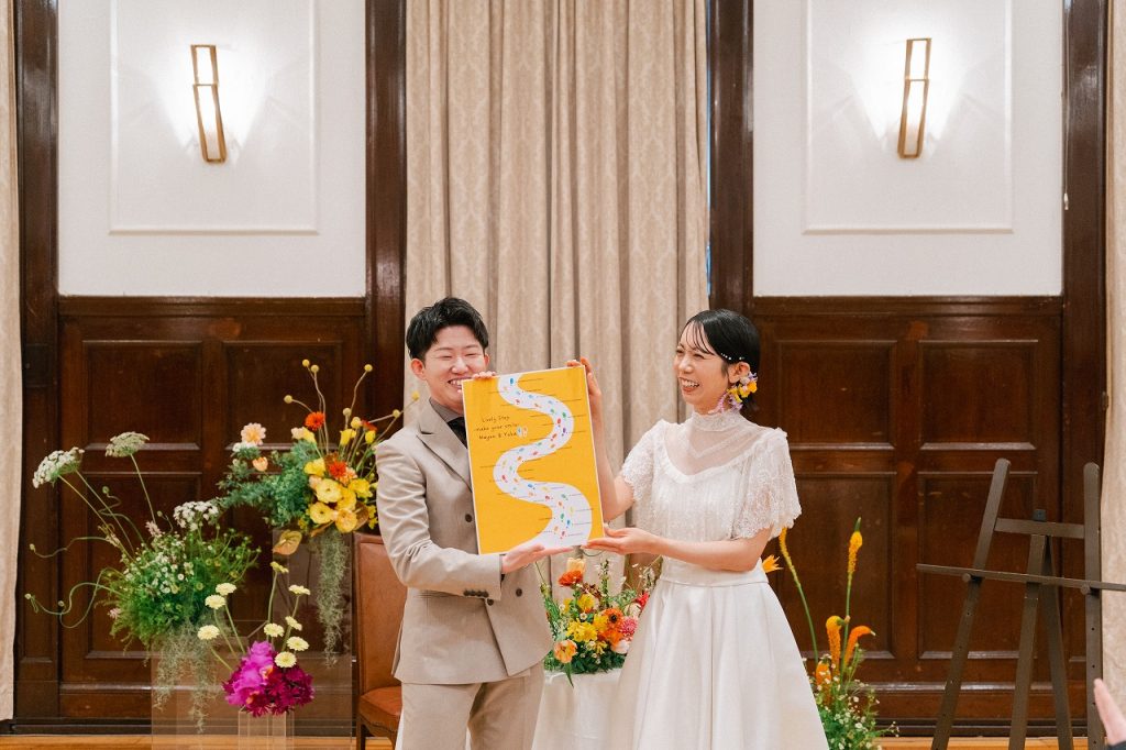 結婚証明書を披露する新郎新婦様